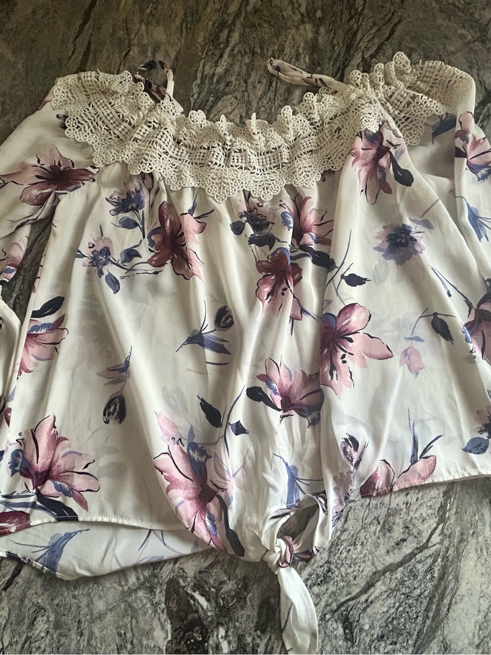 by & by Cream Off-Shoulder Crochet Neck Floral Tie-Hem Blouse